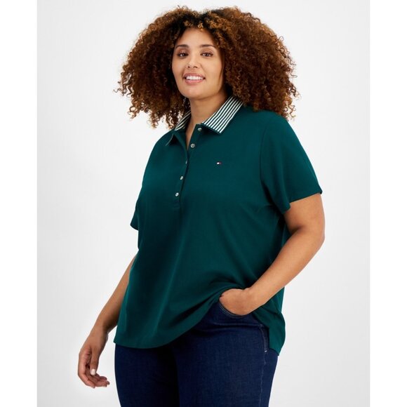 Tommy Hilfiger Plus Size 3X Striped-Collar Polo Shirt Green MSRP $70 - Picture 1 of 2